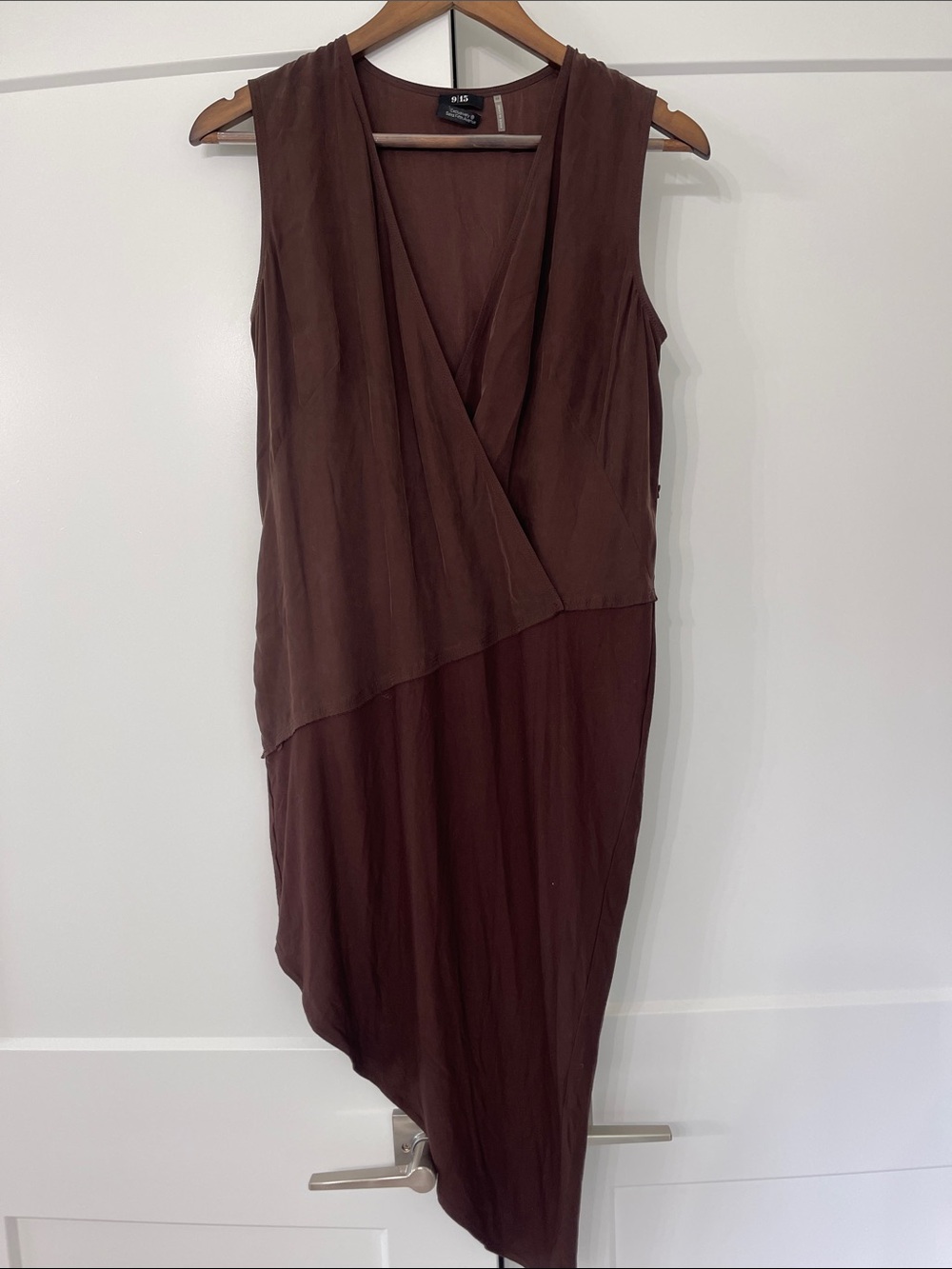 💯 silk Saks Fifth Avenue Asymmetrical Sleeveless Dress in Dark Brown